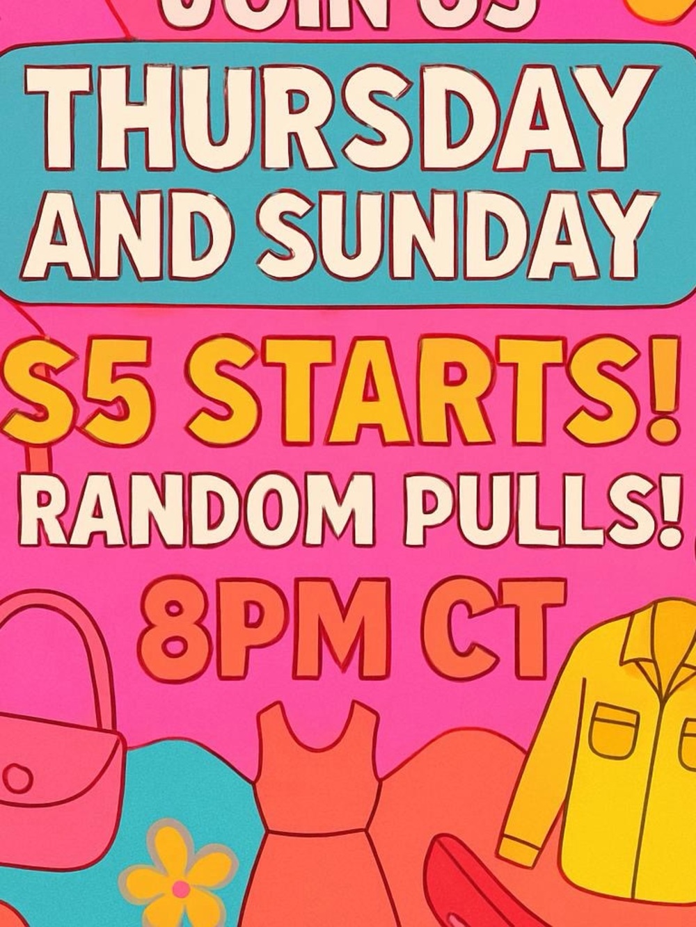Join us every Thursday and Sunday at 8pm CT for 5$ starts!